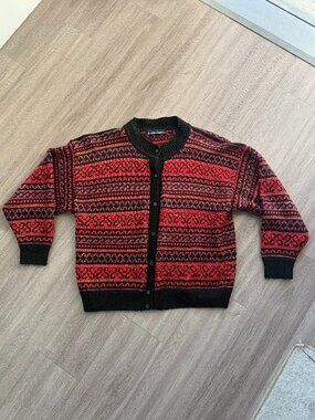 Vintage Bergere de France Red & Black Knit Cardigan | Fair Isle Style